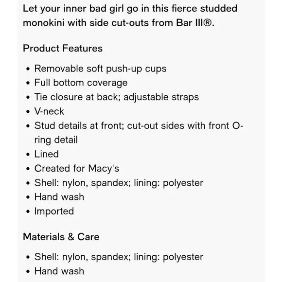 Bar III Tell Me About It Stud One Piece Swimsuit Black XL NWT - Picture 9 of 9